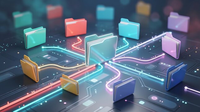 Central digital folder connected to multiple colorful files by glowing light paths on a circuit board platform representing centralized data hubs and cloud network connectivity 3D