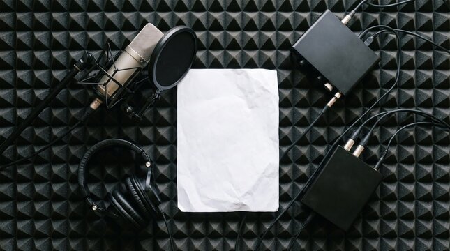 Top view of podcast studio equipment with professional microphone headphones audio interface and blank clipboard on acoustic foam background. 3
