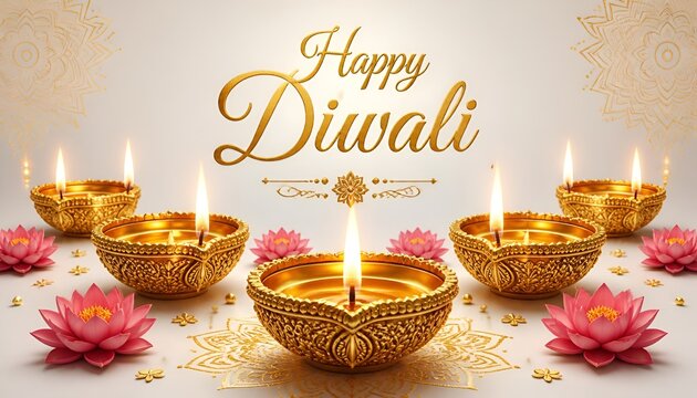 3D rendering for diwali festival Diwali, Deepavali or Dipavali the festival of lights india with gold diya on podium, patterned and crystals on color Background.
