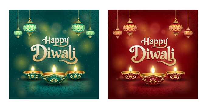 Happy Diwali Vector Bundle with Teal and Red Festive Backgrounds, Ornamental Hanging Lanterns, Golden Oil Lamps, Mandala Patterns, Glowing Bokeh and Elegant Greeting Typography