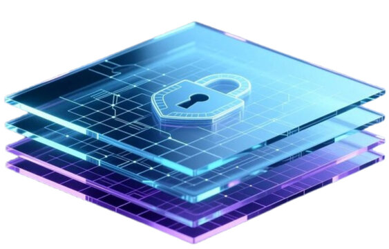 Isometric cyber security technology concept, glowing stack of translucent digital data layers, holographic padlock icon, blue purple futuristic visualization for data protection,