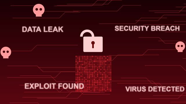 Cybersecurity concept displaying digital padlock breach warnings data leak alerts and network vulnerability exploit icons on red background