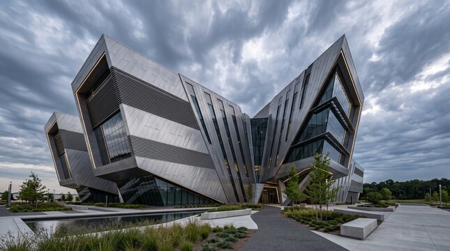 Low angle shot of a futuristic commercial building with bold geometric angular metallic facade and dramatic cloudy sky. Innovative modern architectural design featuring glass windows and led light acc