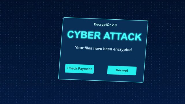 Cyber attack warning message displayed on a blue computer screen demanding ransom payment for encrypted files
