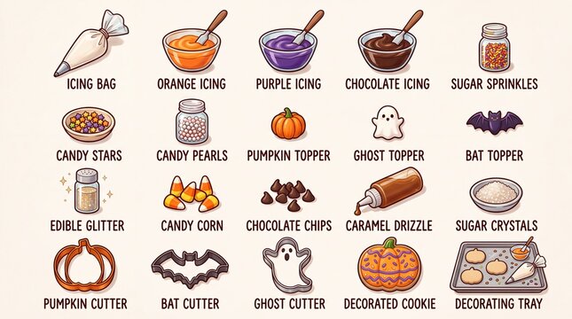 Halloween baking and cookie decorating solid icon set containing icing bag orange icing purple icing chocolate icing sugar sprinkles candy stars and pumpkin topper for holiday projects