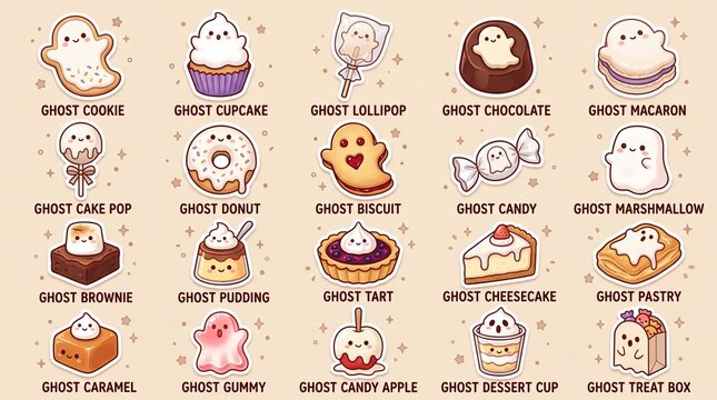 Ghost desserts and Halloween sweets sticker collection containing icons for cookie cupcake lollipop chocolate macaron donut biscuit candy marshmallow brownie pudding tart and cheesecake