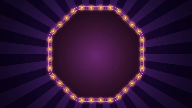 purple octagonal marquee frame with glowing yellow lights on dark purple sunburst background
