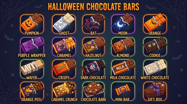 Halloween chocolate bars icon set containing icons for Pumpkin Ghost Bat Moon Orange Purple Wrapper Caramel Hazelnut Almond Cookie Wafer Crispy Dark Chocolate and Gift Box