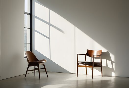 Minimalist interior corner with curved white plaster wall and dramatic sharp sunlight shadows