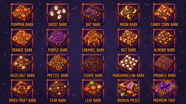 Halloween chocolate bark collection containing icons for pumpkin ghost bat moon candy corn orange purple caramel nut almond hazelnut pretzel cookie marshmallow and sprinkle bark