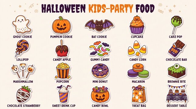 Halloween kids party food vector illustration set featuring ghost cookie and pumpkin carved treats. Cute spooky snacks and sweets collection for seasonal holiday celebrations and festival design