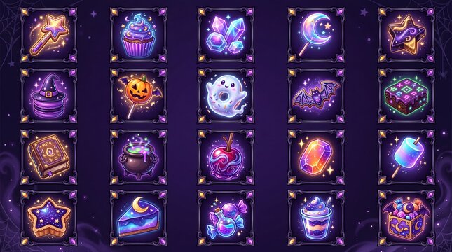 Magical Halloween items and fantasy treats icon set containing magic wand cupcake crystals moon lollipop witch hat pumpkin lollipop ghost donut and spell book for game UI design