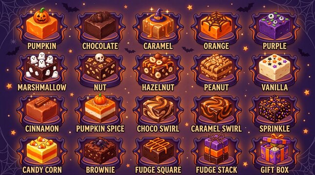 Halloween fudge and sweet treat solid icon set containing icons for Pumpkin, Chocolate, Caramel, Orange, Purple, Marshmallow, Nut, Hazelnut, Peanut, Vanilla, Cinnamon, Pumpkin Spice, Choco Swirl, Cara