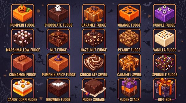 Halloween fudge and sweet treat icon set containing icons for Pumpkin Fudge Chocolate Fudge Caramel Fudge Marshmallow Fudge Peanut Fudge and Gift Box for spooky culinary design projects