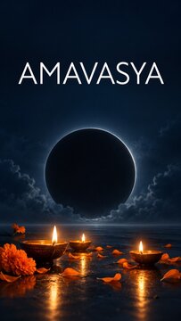Vertical background of dark new moon silhouette with burning clay diya oil lamps for amavasya moonless night mobile story design