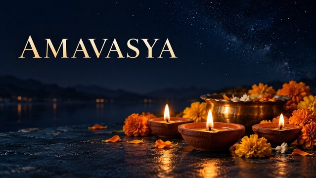 Burning clay diya oil lamps with orange marigold flowers under starlight night sky for amavasya new moon festival banner