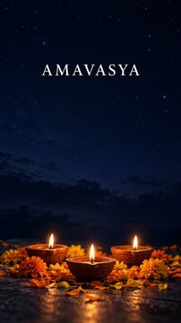 Three burning clay diya lamps with marigold flowers under starry night sky for amavasya moonless night and hindu prayer background