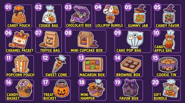 Halloween candy and treat boxes icon set containing icons for Candy Pouch, Cookie Bag, Chocolate Box, Lollipop Bundle, Gummy Jar, Caramel Packet, Toffee Bag, Mini Cupcake Box, Cake Pop Bag, Candy Appl