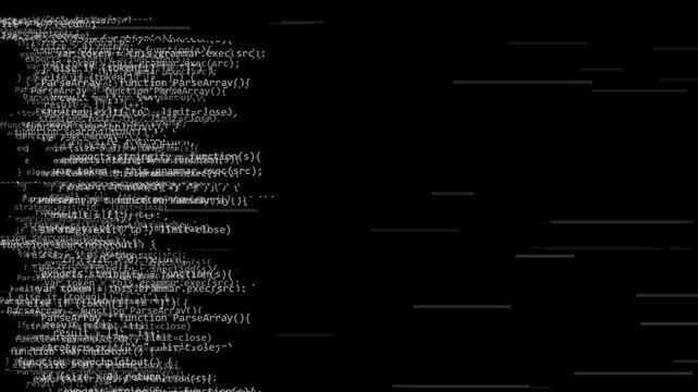 Digital source code scrolling rapidly across computer monitor screen displaying glowing programming language syntax lines against dark background