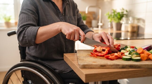 Close-up of a wheelchair user independently preparing fresh vegetables in an accessible kitchen, representing disability inclusion, personal independence, healthy living and everyday empowerment.
