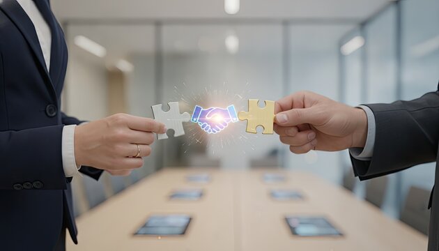 Two business people in suits join puzzle pieces featuring a glowing handshake icon which symbolizes successful partnership and corporate collaboration today.