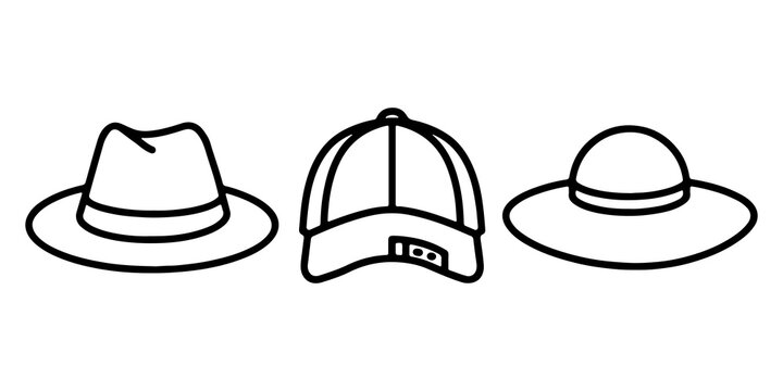 Hats set outline icons with fedora, baseball cap and sun hat, line vector collection