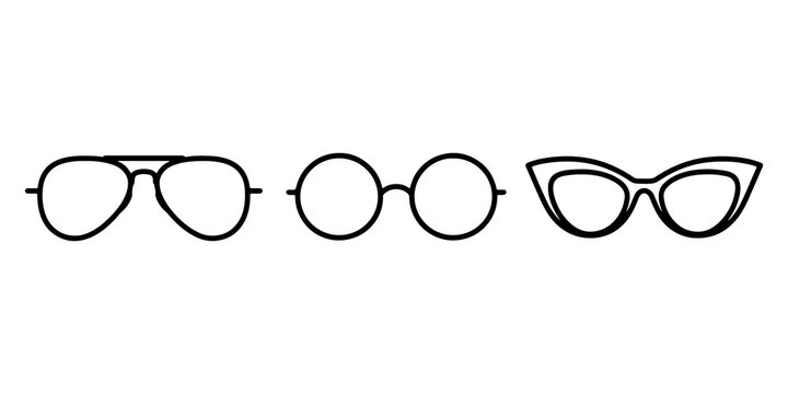 Eyeglasses set outline icons with aviator, round and cat eye frames, line vector collection