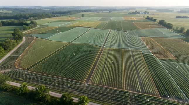 Aerial view of sprawling vegetable fields and crop irrigation