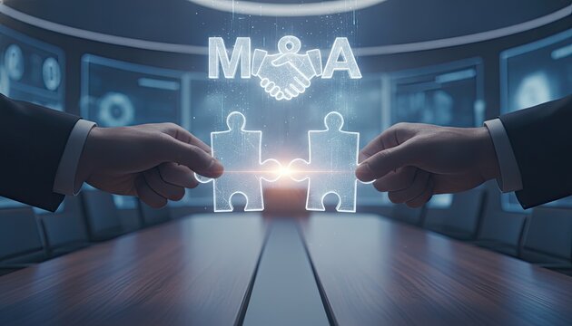 Corporate hands connect two glowing puzzle pieces featuring an M&A logo of a handshake above a blurred conference table representing business merger.