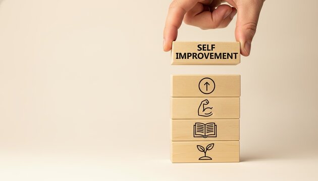 Hand positions a wooden block labeled self improvement above a vertical stack of wooden blocks containing educational and personal growth icons development.