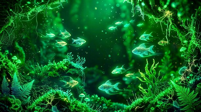 Bioluminescent Underwater Forest with Glowing Fish and Lush Green Moss