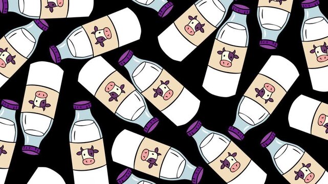 A playful pattern of cartoon milk bottles with cute cow labels and purple caps on a black background