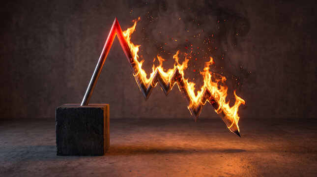 Burning metal chart arrow falling from wooden block, market crash