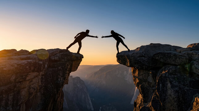Silhouette reaching across cliff during sunset, two climber silhouette balancing above mountain valley with dramatic distance