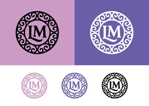 Circular lm emblems with ornate borders.