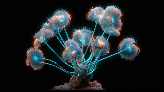 an isolated 3D render of a surreal alien plant with bioluminescent details, cyber-organic aesthetic, neon glow, plain background --ar 16:9 --v 7 Job ID: 3390603a-c0a7-4970-83ad-1a0edaffc29c