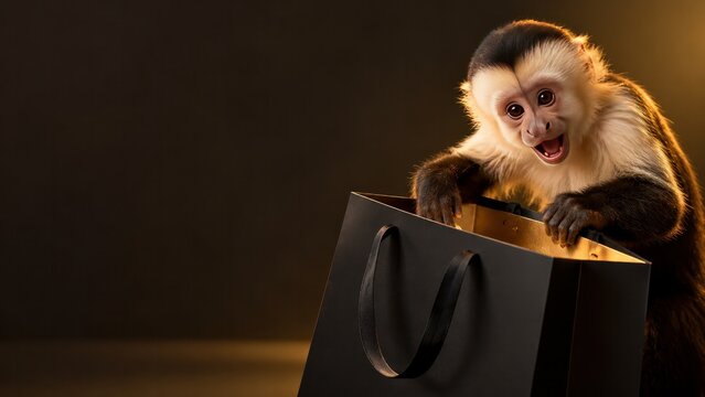 Curious capuchin monkey holding black shopping bag, Black Friday sale with copy space