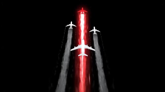 Abstract airplane formation with glowing red jet stream motion aircraft