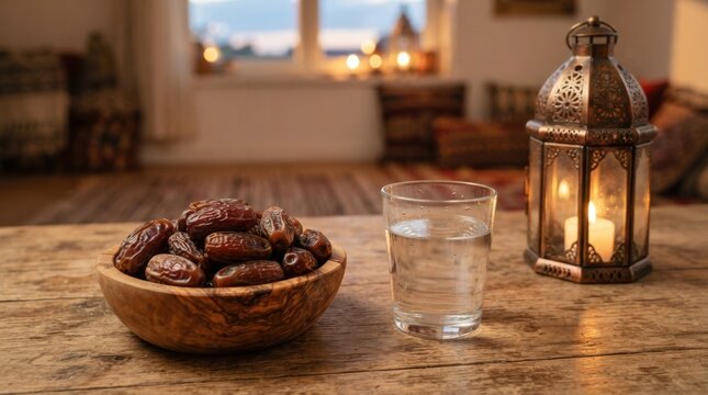 Dates and water in glass with lantern for ramadan iftar celebration