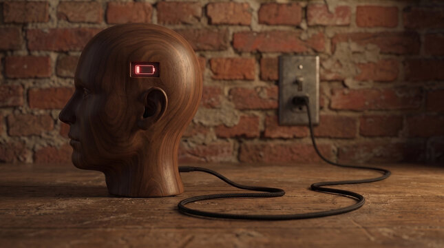 Wooden head with low battery icon plugged into wall outlet