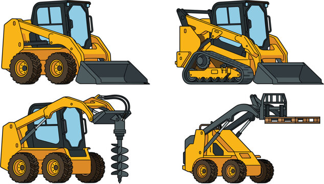 Yellow skid steer loader icon set with wheeled tracked bucket auger drill and pallet forks attachments vector illustration