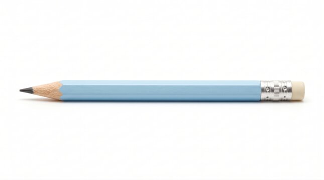 A single light blue wooden pencil with an eraser tip lying horizontally on a surface