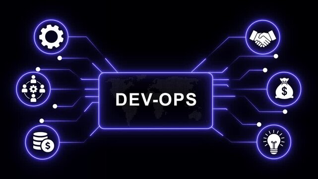 Dynamic devops concept infographic with glowing neon circuitry lines, digital map, and animated business representing software development, team collaboration, financial growth, and innovation