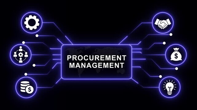 Procurement management digital infographic with glowing neon circuitry network and business for corporate supply chain strategy, global logistics, financial planning, and operations analysis