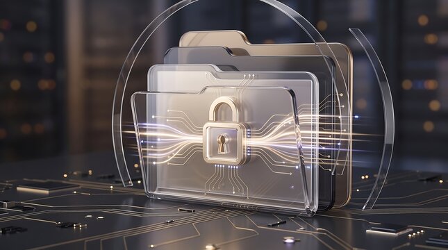 Secure digital archive concept with layered transparent folders and glowing data pathways on circuit board