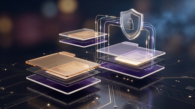 Secure data transfer between digital platforms with shield and padlock icon on circuit board backdrop