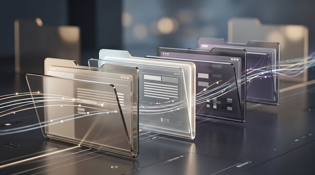 Organized digital file system with transparent folders and flowing data lines on dark background