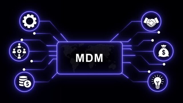 Master data management mdm concept with glowing digital circuitry, global network connectivity, business process automation financial growth, and strategic innovation infographic animation