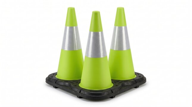 Three bright lime green traffic safety cones with reflective stripes on a black base