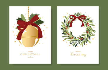 Fototapeta na wymiar Christmas and Happy holiday greeting card vector set with Red and Green ornamental. Elegant wallpaper with pine leaves, pinecone, christmas tree, wreath. Holidays design illustration for cover, print.